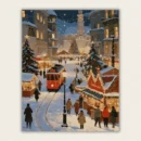 Festive snowy Christmas market paint by numbers canvas featuring a red tram, illuminated stalls, and a clock tower, available for fast US shipping.