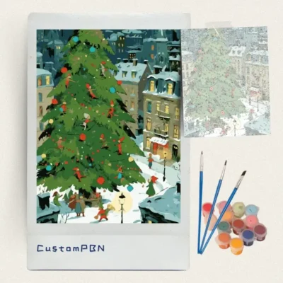 Snowy Christmas paint by numbers kit with canvas paints and brushes