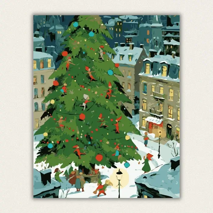 Finished snowy Christmas village paint by numbers artwork