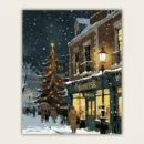 Cozy snowy night paint by numbers canvas featuring a glowing Christmas tree, classic storefront, and warm streetlamp, available for fast US shipping.