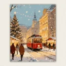 Winter snow scene paint by numbers canvas featuring a classic red tram, glowing Christmas tree, and tower, available for fast US shipping.