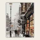 Romantic snowy street paint by numbers canvas showing a couple walking by a warm shop window under a tall vintage streetlamp, available for fast US shipping.