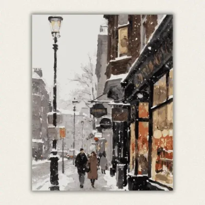 Romantic snowy street paint by numbers canvas showing a couple walking by a warm shop window under a tall vintage streetlamp, available for fast US shipping.
