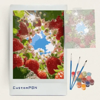 Complete strawberry field paint by numbers kit with paints, brushes, and numbered canvas