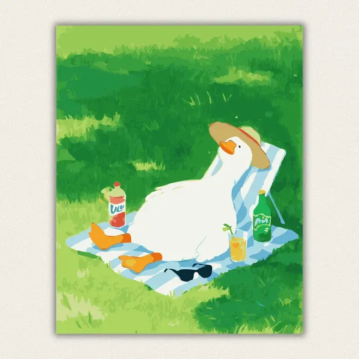 Finished summer duck paint by numbers canvas art with hat and drink
