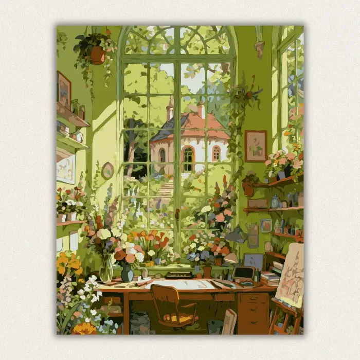Sunlit garden studio paint by numbers with flowers and arched window