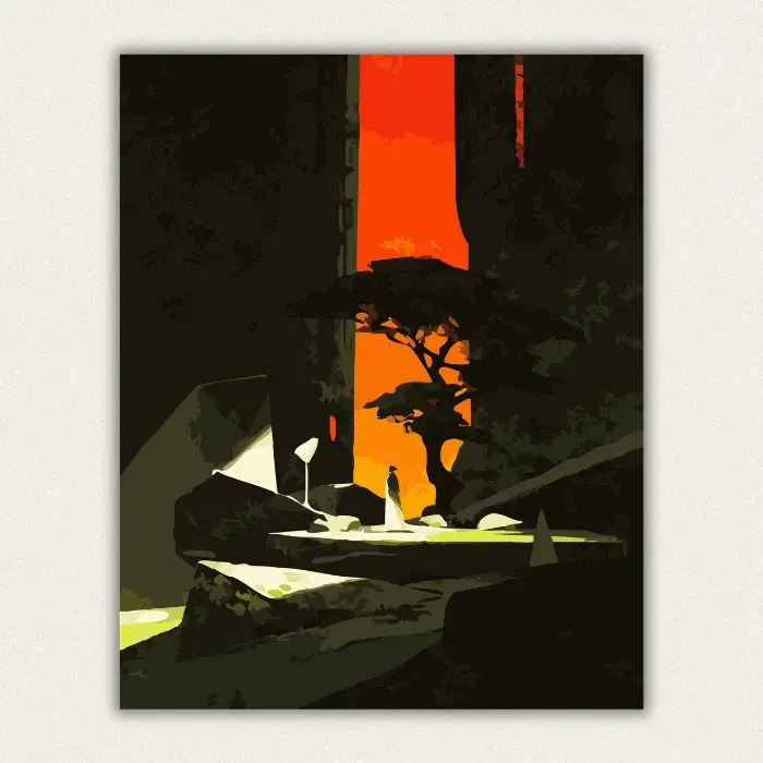 Sunset canyon paint by numbers artwork with lone traveler