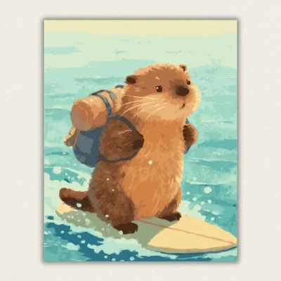 Finished surfing otter paint by numbers canvas art with backpack and surfboard