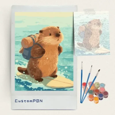 Complete surfing otter paint by numbers kit with canvas, reference sheet, brushes, and paints