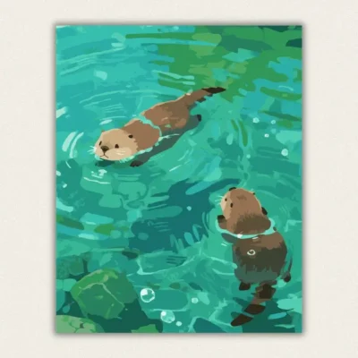 Finished swimming otters paint by numbers canvas art with teal water and bubbles