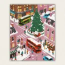 Whimsical winter city street paint by numbers canvas featuring red and green double-decker buses, a large Christmas tree, and pink snowy roads, available for fast US shipping.