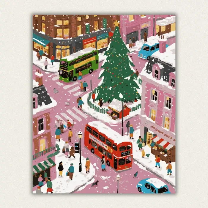 Whimsical winter city street paint by numbers canvas featuring red and green double-decker buses, a large Christmas tree, and pink snowy roads, available for fast US shipping.