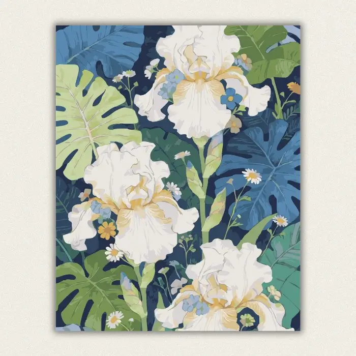Finished white iris paint by numbers canvas art with dark botanical background