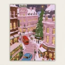 Colorful winter city street paint by numbers canvas featuring a red double-decker bus, green bus, and a large Christmas tree, available for fast US shipping.