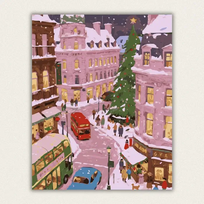 Colorful winter city street paint by numbers canvas featuring a red double-decker bus, green bus, and a large Christmas tree, available for fast US shipping.