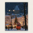Snowy winter night cityscape paint by numbers kit featuring a vintage red tram, Christmas tree, and festive market, shipped directly from US local warehouse.