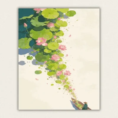 Finished zen lotus pond and boat paint by numbers canvas art with negative space