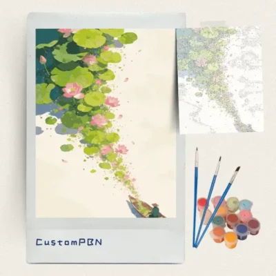 Complete zen lotus paint by numbers kit with canvas, paints, and brushes