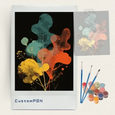 Abstract botanical colour blobs paint by numbers kit with canvas, three brushes, paints and reference sheet