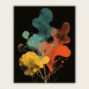 Abstract botanical colour blobs in teal orange and yellow on black paint by numbers finished canvas