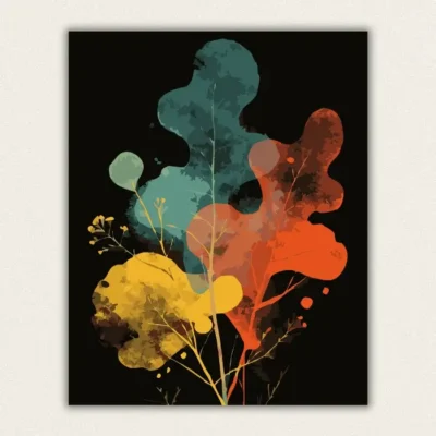 Abstract botanical colour blobs in teal orange and yellow on black paint by numbers finished canvas