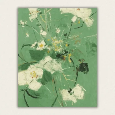 Loose abstract white flowers painted thickly on a sage green ground paint by numbers finished canvas