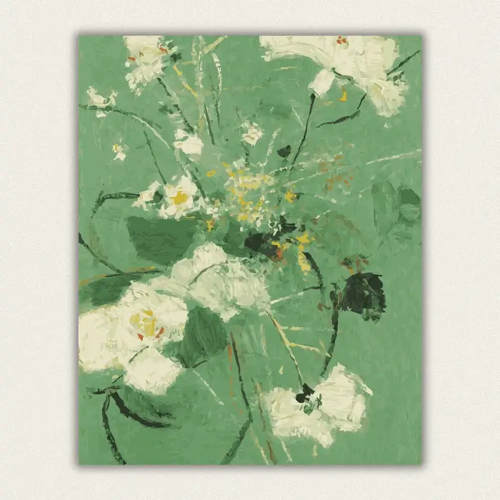 Loose abstract white flowers painted thickly on a sage green ground paint by numbers finished canvas