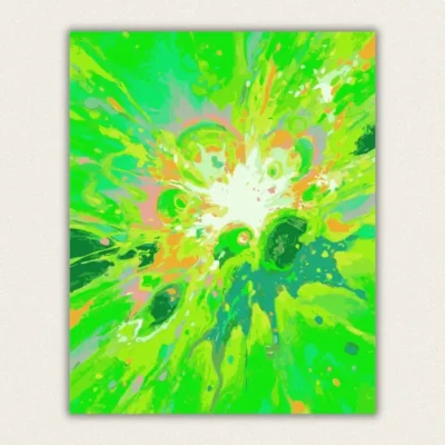 Abstract green energy burst with a white core and radiating colour streaks paint by numbers finished canvas