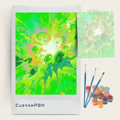 Green energy burst paint by numbers kit with canvas, three brushes, paints and reference sheet