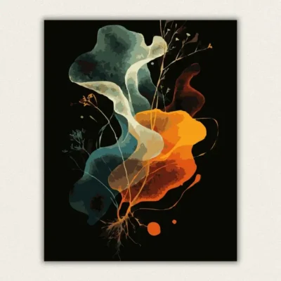 Abstract flowing organic colour shapes with botanical roots on black paint by numbers finished canvas