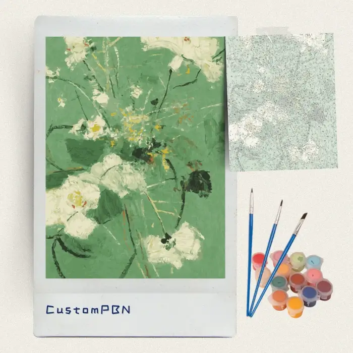 Abstract white flowers paint by numbers kit with canvas, three brushes, paints and reference sheet
