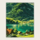Alpine lake village with emerald water, red roofed houses and forested slopes paint by numbers finished canvas
