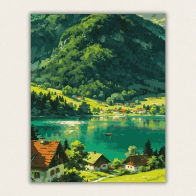 Alpine lake village with emerald water, red roofed houses and forested slopes paint by numbers finished canvas