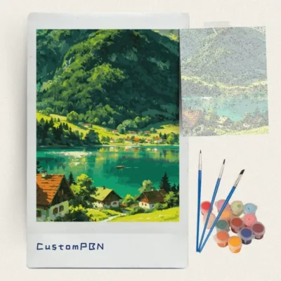 Alpine lake village paint by numbers kit with canvas, three brushes, paints and reference sheet