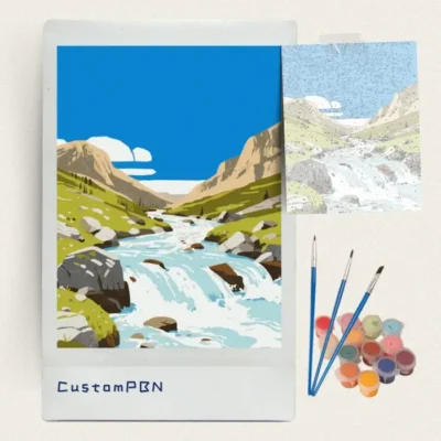 Alpine valley river paint by numbers kit with canvas, three brushes, paints and reference sheet