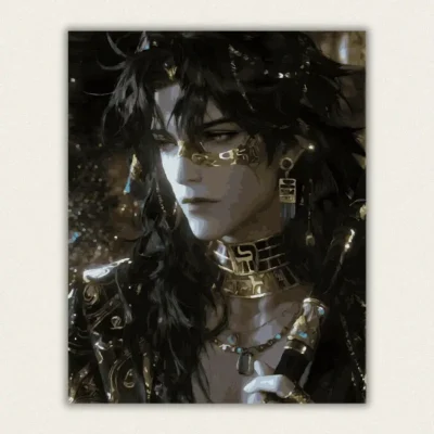 Portrait of a figure in an ancient Egyptian style golden eye mask and jewelled collar paint by numbers finished canvas