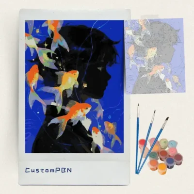 Goldfish and silhouette paint by numbers kit with canvas, three brushes, paints and reference sheet