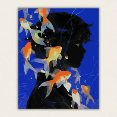 Dark haired anime figure in profile surrounded by floating goldfish on a deep blue background paint by numbers finished canvas