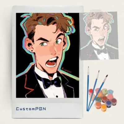 Anime portrait with rainbow outline paint by numbers kit with canvas, three brushes, paints and reference sheet