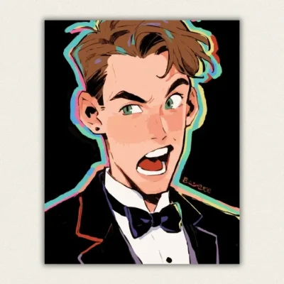Anime style portrait of a young man in a tuxedo with a rainbow outline on black paint by numbers finished canvas