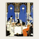 Art Deco illustration of an elegant banquet with guests in rich gowns and gold ornaments paint by numbers finished canvas