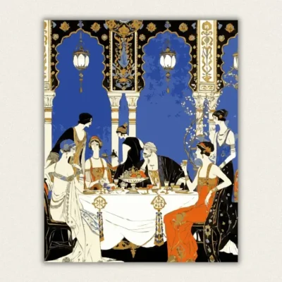 Art Deco illustration of an elegant banquet with guests in rich gowns and gold ornaments paint by numbers finished canvas