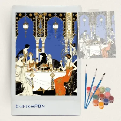 Art Deco banquet paint by numbers kit with canvas, three brushes, paints and reference sheet