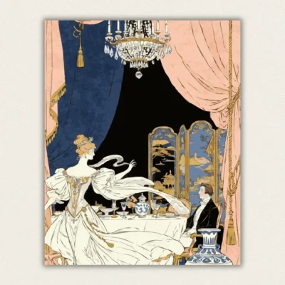 Art Deco illustration of an elegant couple dining beneath a crystal chandelier paint by numbers finished canvas
