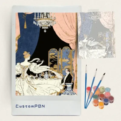 Art Deco dinner paint by numbers kit with canvas, three brushes, paints and reference sheet