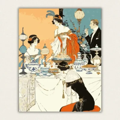 Art Deco 1920s dinner party with elegant women and gentlemen paint by numbers finished canvas