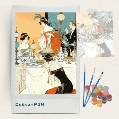 Art Deco dinner party paint by numbers kit with numbered canvas, three brushes, paint pots and reference sheet