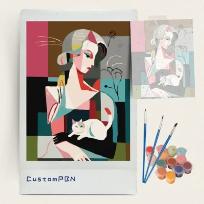 Art Deco woman and cat paint by numbers kit with canvas, three brushes, paints and reference sheet