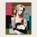 Art Deco woman portrait with a white cat and geometric colour blocks paint by numbers finished canvas