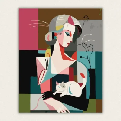 Art Deco woman portrait with a white cat and geometric colour blocks paint by numbers finished canvas